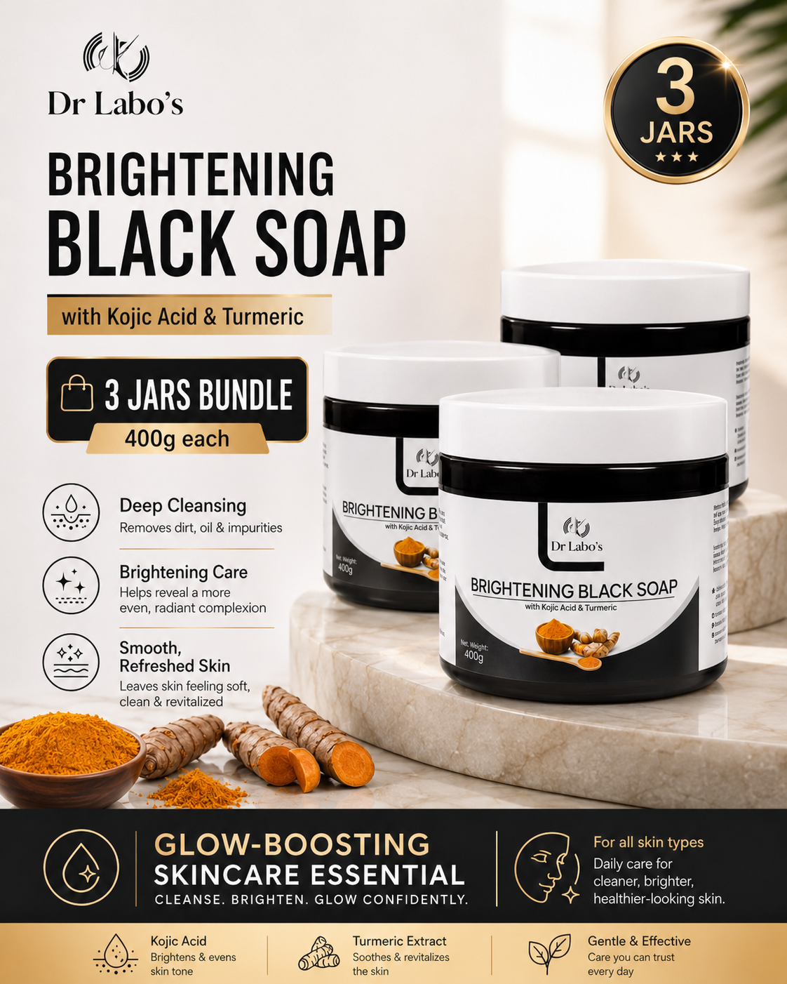 3 jars of Dr Labo's Brightening Black Soap